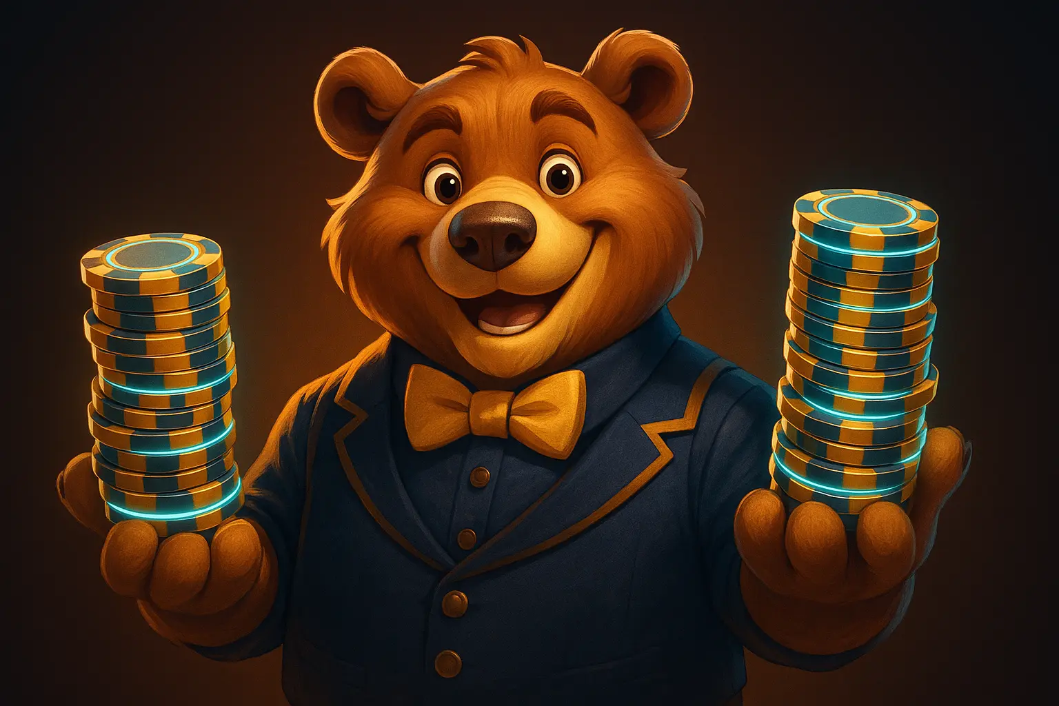 Illustrated bear mascot standing confidently with folded arms in a glowing casino setting, surrounded by roulette wheels and falling gold coins.