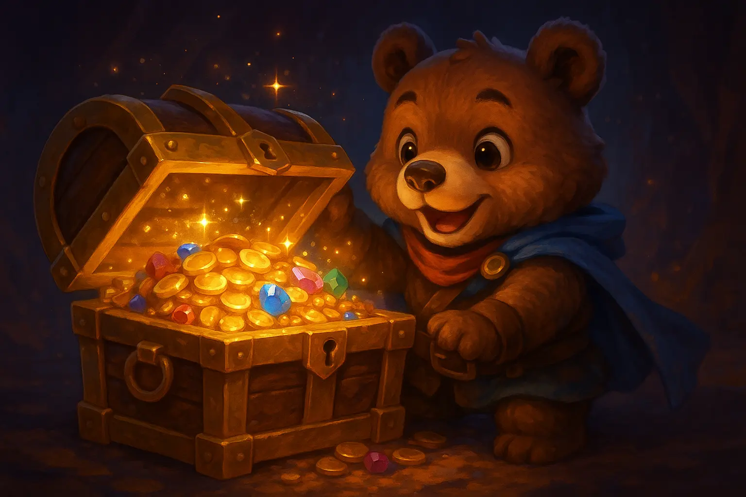 Cute cartoon bear opening a glowing treasure chest filled with gold coins and colorful gems in a warm, fantasy-style setting.